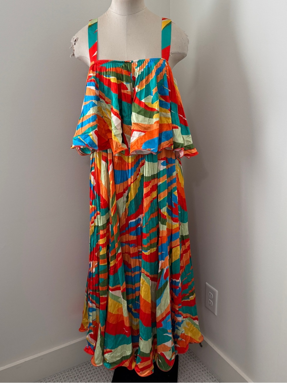 NEW Alden Adair Large‎ Samantha Maxi Dress ~ Ruffle Pleated Colorful Tropical